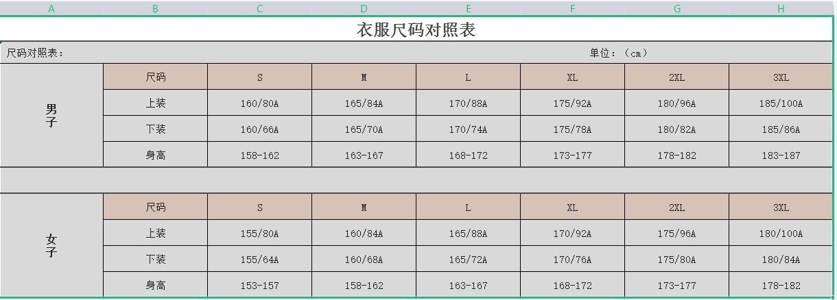 衣服尺码对照表最新版